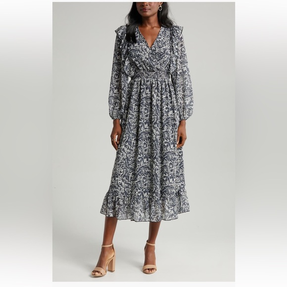 Sam Edelman Dresses & Skirts - Sam Edelman Navy Wallpaper Paisley Smocked Waist Long Sleeve Dress NwT